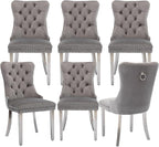 Velvet Upholstered Dining Chairs Set of 6, Modern Style Kitchen Side Chairs with Nailhead Trim and Silver Plated Leg, Metal Pulling Ring for Dining Room Living Room(Gery-Silver Plated Leg)