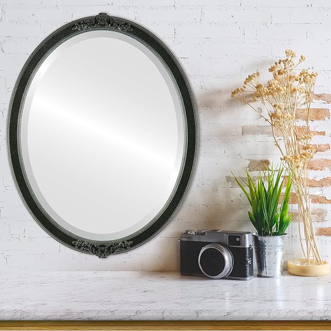 OVALCREST Oval Beveled Wall Mirror for Home Decor - Athena Style - Black Silver - 26" x 20" Outside Dimensions