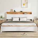 King Bed Frame, Wood Platform Bed Frame with Storage Headboard, Charging Station, Modern Bedframe King Size, 800lbs Capacity, Metal Slat Support, Noise-Free, No Box Spring Needed, White
