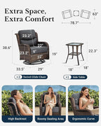HILLGA Luxury Patio Furniture Set with 6-Inch Thick Cushions, High Back Outdoor Swivel Rocker Chairs and Table, 3-Piece All Weather Conversation Set for Porch Deck Balcony Yard, Dark Grey (V3)