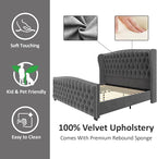 AMERLIFE King Size Platform Bed Frame, Velvet Upholstered Bed with Deep Button Tufted & Nailhead Trim Wingback Headboard/No Box Spring Needed/Grey