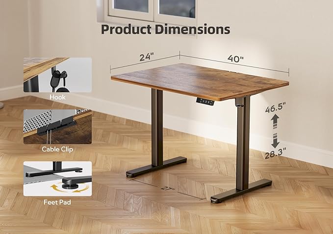 YDN Electric Standing Desk Adjustable Height, 40 x 24 Inches Stand up Desk with Cable Management, Home Office Desks with Splice Board & Black Frame, Rustic Brown Top