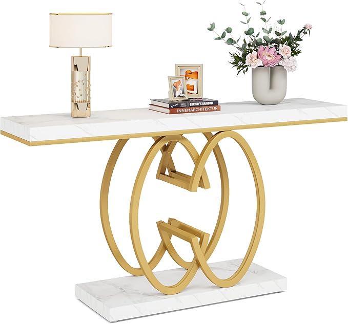 Tribesigns 55 Inch Console Table for Hallway, Faux Marble Gold Entryway Table with Geometric Metal Base, Modern Narrow Sofa Accent Table for Entrance, Living Room, Foyer (White & Gold)