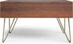 SIMPLIHOME Hunter Lift Top Coffee Table - 32 inch Wide Solid Mango Wood Industrial Square Cocktail Table in Umber Brown, Living Room Table with Dual Lift Tops, Hidden Storage and Gold Hairpin Legs