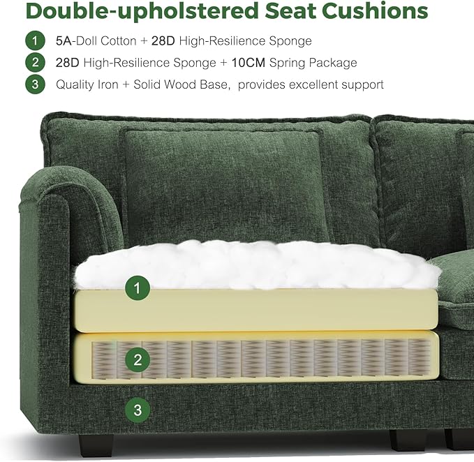 ELUCHANG 113" Modular Sectional Sofa, Comfy Cloud Couch, L Shaped Deep Seat Sofa Couches for Living Room, 4-Seater Modern Sofa with Movable Ottoman, DIY Combination - Chenille Olive Green