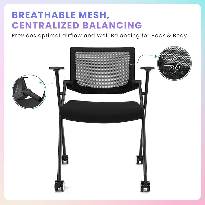 12 Pack Stackable Conference Room Chairs with Wheels and Paddle, Ergonomic Mesh Back and Arms for Meeting, Conference, Reception, Training Room & Home Office Desk Folding Chairs, Set of 12