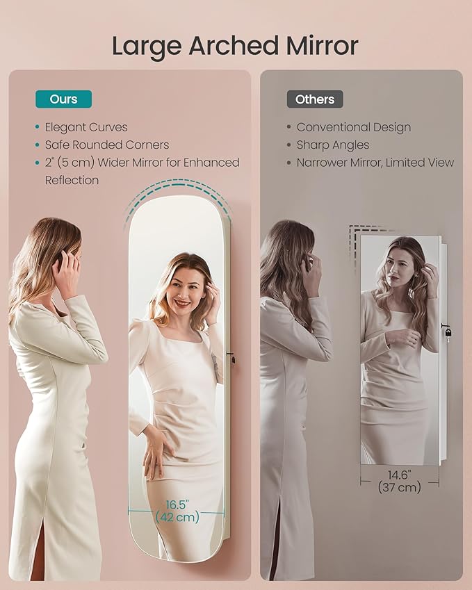 SONGMICS Jewelry Organizer, LED Jewelry Cabinet Wall/Door Mounted, Lockable Rounded Wide Mirror with Storage, Christmas Gift, 3.9 x 16.5 x 55 Inches, White Surface with Greige Lining