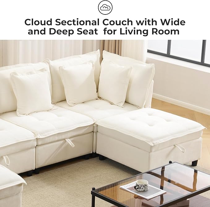 103" Modular Sectional Sofa, L-Shaped Corduroy Comfy Sectional Couches for Living Room, 3-Seater Cloud Couches with 1 Ottoman, Modern Deep Seat Sofa with Large Storage, Beige