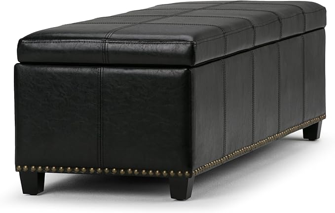 SIMPLIHOME Kingsley 48 inch Wide Transitional Rectangle Large Storage Ottoman in Midnight Black Vegan Faux Leather, Assembled, For the Living Room, Entryway and Family Room