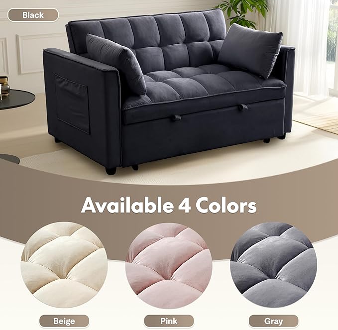 FLEXISPOT XCT4 3-in-1 Convertible Loveseat Sofa Bed for Small Spaces, Velvet Pull Out Couch with Adjustable Backrest, Compact Twin Sleeper Chaise Lounge Futon for Apartment Dorm RV Guest Room, Black