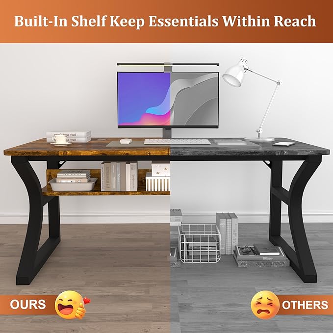 StarGraph Computer Desk 55'' Large Home Office Desk with Sturdy Metal Frame U Shaped Modern Computer Desks with Storage Study Writing Office Work from Home Desks (Rustic Brown, 55 inch)