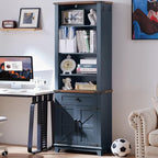 72in Tall Bookshelf 7 Tier Bookcase with Drawer and Barn Doors and Adjustable Shelves, Blue Farmhouse Book Shelf with Storage Cabinet, Wood Freestanding Display Bookshelves for Living Room