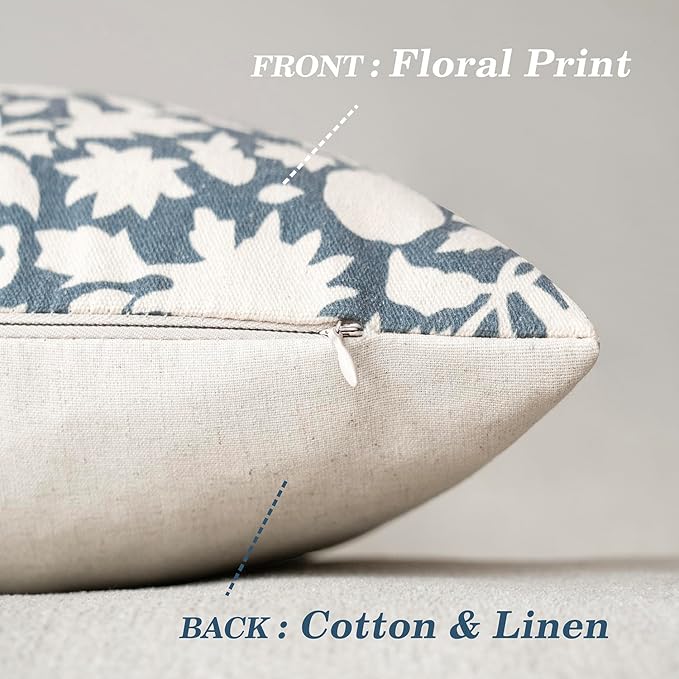 Foindtower Set of 2 Decorative Neutral Floral Throw Pillow Covers Accent Farmhouse Cushion Covers Boho Vintage Pillowcase for Couch Sofa Bedroom Living Room Home Decor,18×18 Inch,Dusty Blue