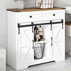Vabches Bathroom Floor Cabinet, Farmhouse Storage Cabinet with Sliding Barn Door and Storage Drawers, White Buffet Cabinet with Adjustable Shelves for Bathroom, Kitchen, Entrance Area, Living Room