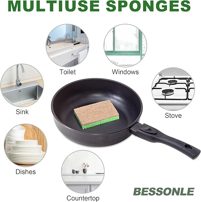 10 Pack Biodegradable Natural Sponges Kitchen - Compostable Cellulose and Coconut Walnut Scrubber Sponge - Eco Friendly Sponges for Dishes