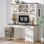 ONBRILL 72" H Farmhouse Executive Desk with Hutch, Office Desk, Computer Desks with Charging Station, Computer Workstations with 5 Drawers and Storage Cabinet for Home, Office, Off White & Black