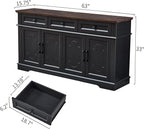 63" Black Buffet Sideboard Cabinet with 4 Doors and 3 Drawers, Modern Farmhouse Kitchen Storage Cabinet, Coffee Bar Cabinet with Adjustable Shelves, Kitchen Living Room Storage, Dining Room