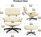 Top Cream White Grain Leather, Mid Century Chaise Lounge Chair and Ottoman, Modern Chair Classic Design, Ash Wood, Heavy Duty Base Support for Living Room Office