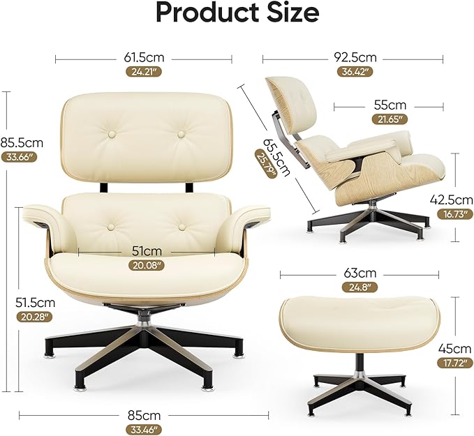 Top Cream White Grain Leather, Mid Century Chaise Lounge Chair and Ottoman, Modern Chair Classic Design, Ash Wood, Heavy Duty Base Support for Living Room Office