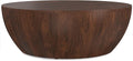 SIMPLIHOME Elmbrook Coffee Table - 34 inch Wide Solid Mango Wood Modern Industrial Round Drum Cocktail Table in Walnut Brown, Sculptural Living Room Table with Low Profile Design, Assembled