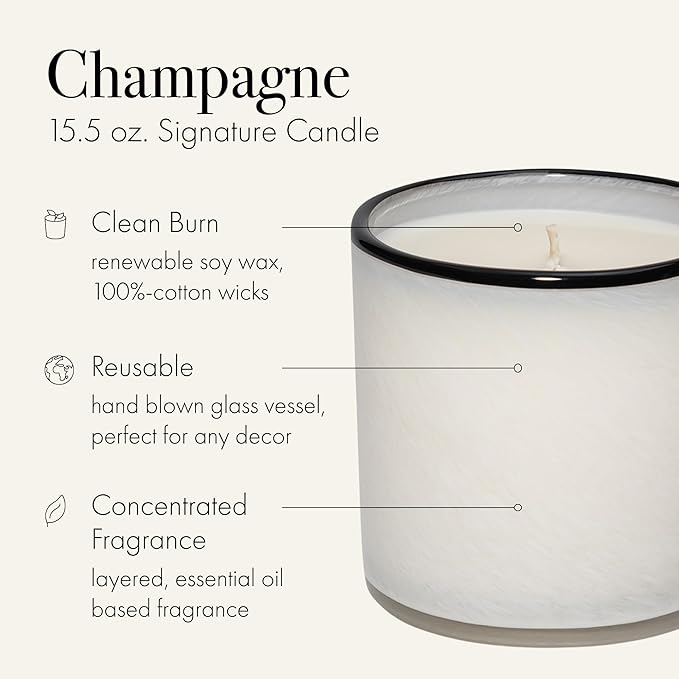 LAFCO New York Signature Candle, Champagne - 15.5 oz - 90-Hour Burn Time - Reusable, Hand Blown Glass Vessel - Made in The USA