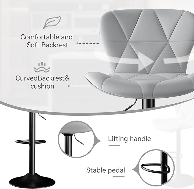Bar Stools Set of 2,Faux Leather Bar Chairs,Upholstered Counter Height with High Backrest for Kitchen Island, Light Grey