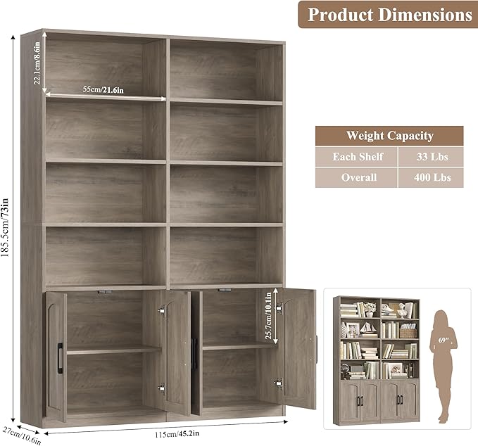 FACBOTALL Bookshelf and Bookcase with Doors, 6 Tier Double Wide Large Bookshelves, Open Display Shelves, 73'' Tall Bookshelf with Storage Cabinets for Home Office, Living Room, Library, Wash Gray