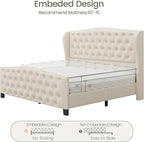 LARMACE Queen Size Bed Frame Velvet Upholstered Platform Bed with Wingback Headboard & Footbaord, Deep Button Tufted Bed Frame with Wood Slats Support, No Box Spring Needed, Beige