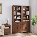 72in Tall Bookshelf 7 Tier Bookcase with Drawer and Barn Doors and Adjustable Shelves, Brown Farmhouse Book Shelf with Storage Cabinet, Wood Freestanding Display Bookshelves for Kitchen (4PCS)