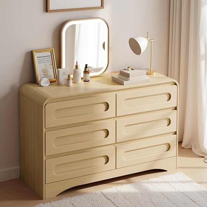 Wood Dresser, Modern 6 Drawers Dressers & Chest of Drawers with Pre-installed Slide&Curved Profile Design, 47" Wide Closet Clothes Storage Dressers Organizer for Bedroom Living Room Hallway, Oak