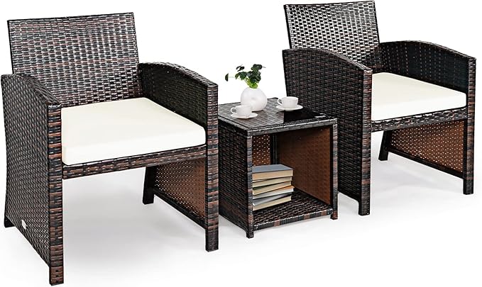 COSTWAY 3 Pieces Patio Furniture Sets, Outdoor Rattan Conversation Set with Tempered Glass Tabletop and Soft Cushion, Wicker Cushioned Chair Sofa for Backyard, Porch, Poolside, Lawn, White