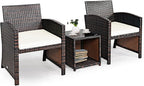 COSTWAY 3 Pieces Patio Furniture Sets, Outdoor Rattan Conversation Set with Tempered Glass Tabletop and Soft Cushion, Wicker Cushioned Chair Sofa for Backyard, Porch, Poolside, Lawn, White