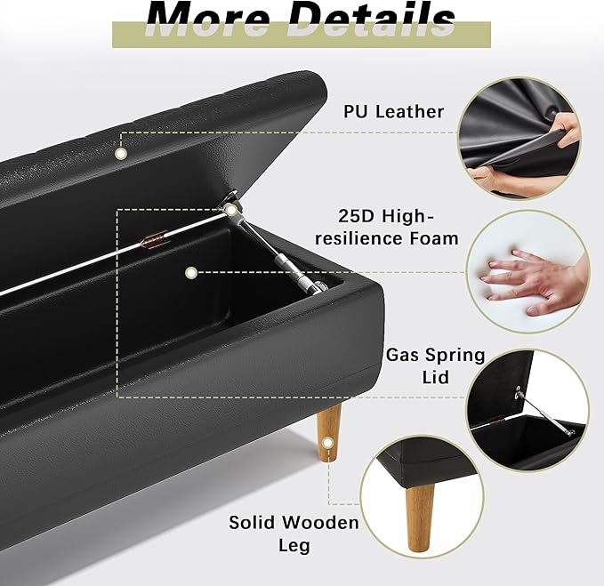 VECELO 44.5" Storage Ottoman Bench, End of Bed Bench with 2 Machined Gas Spring Lid Supports, PU Leather Upholstery & Solid Wood Legs for Living Room, Bedroom, Entryway, Modern Black