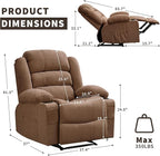 Large Recliner Chair for Adults Overstuffed Fabric Manual Pull Tab Recliner with Cup Holders, Side Pocket, 3-Position Recline, Minimalist Style Single Sofa Chair for Living Room Bedroom, Brown