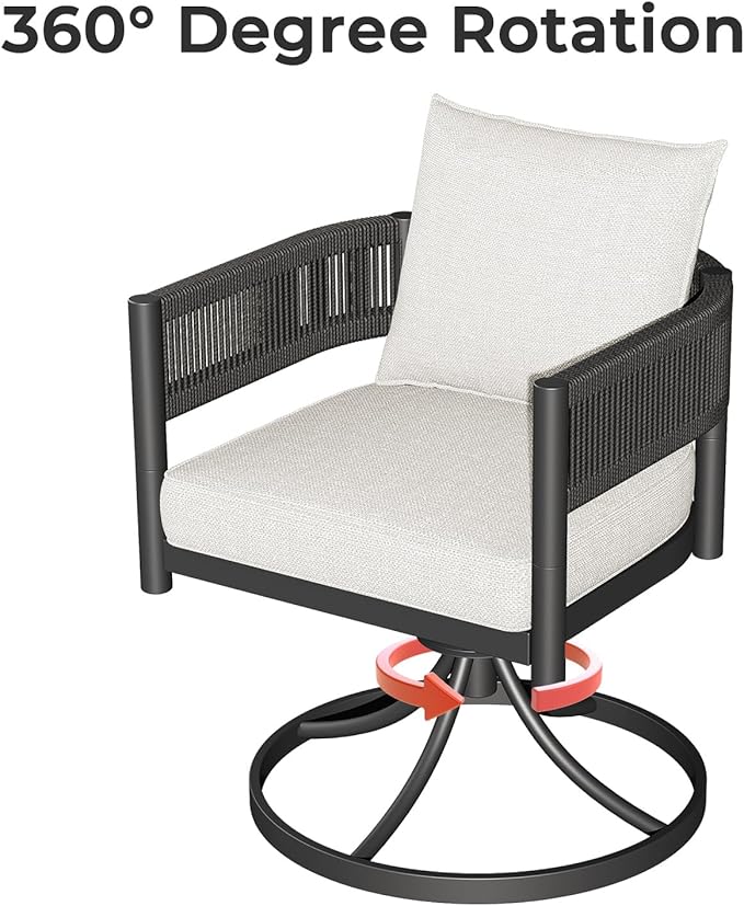 Grand patio Outdoor Dining Set for 6, 7 PCS Patio Table and Chairs Set, Metal Woven Wicker Swivel Patio Chairs with Thickened Cushions & 1 Rectangular Woodgrain Dining Table with Umbrella Hole (Black)