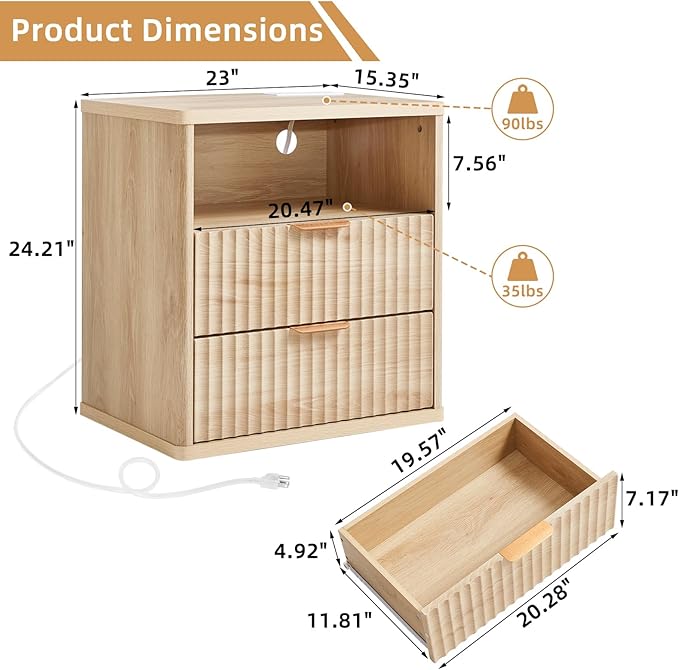 LEYAOYAO Fluted Nightstand Set of 2 with Charging Station,23" Modern Nightstand with Woodgrain Top, 2 Drawer End Table w/Storage, BedsideTables for Bedroom, Living Room, Curved Profile,Wood