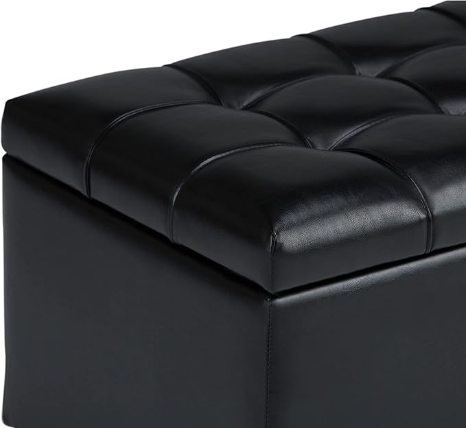 SIMPLIHOME Sienna 33 inch Wide Transitional Rectangle Storage Ottoman Bench in Midnight Black Vegan Faux Leather, Assembled, For the Living Room, Entryway and Family Room