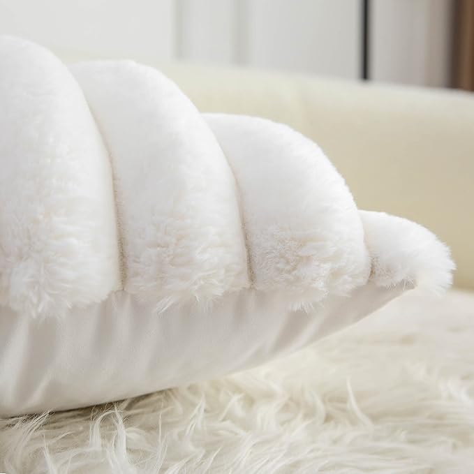 Neelvin Cream White Faux Fur Cozy Soft Striped Decorative Throw Pillow Covers 22x22 inch Set of 2,Velvet Pillowcase Cushion Case for Sofa Couch