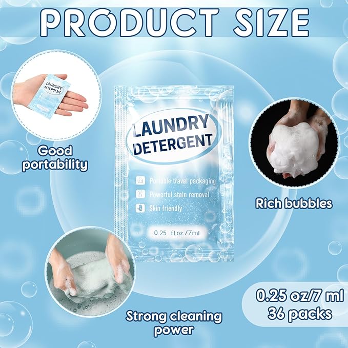 Leelosp 36 Pcs Individual Travel Laundry Detergent Bulk Travel Size Laundry Detergent Packets Portable Single Use Liquid Soap for Traveler Hostel Essentials Cleaning