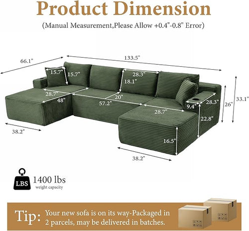 134''Oversized Modular Sectional Sofa Boneless Cloud Couch with Chaise Comfy Sectional Couches for Living Room,Bedroom,Apartment (Green, 134''W U-Shaped)