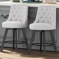 MINCETA Set of 2 Upholstered Bar Stools - 26 Inch Swivel Counter Height Stools with Low Tufted Back, Footrest & Performance Fabric - Round Seat for Kitchen Island & Home Bar Gray and Beige