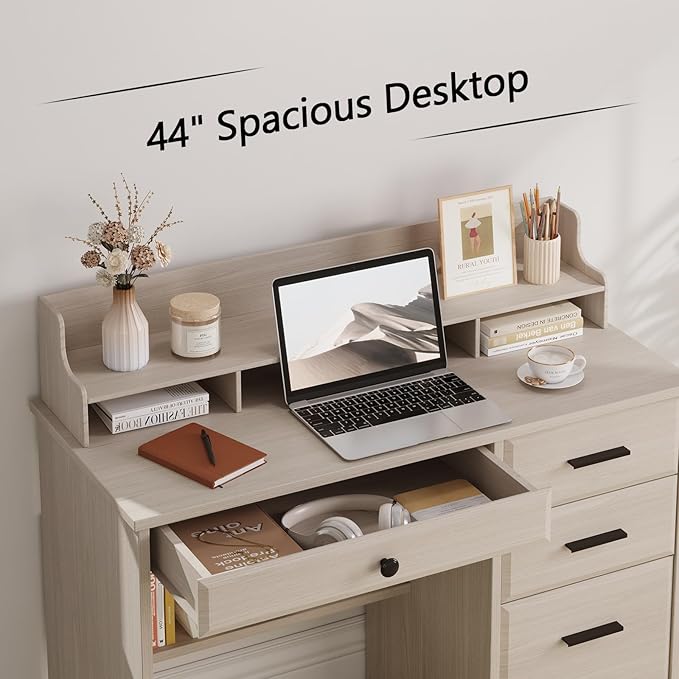 4 EVER WINNER Small Desk with Drawers, Computer Desk with File Cabinet & Monitor Stand, Home Office Desks with Drawers, Wood Writing Desk for Bedroom, Off White