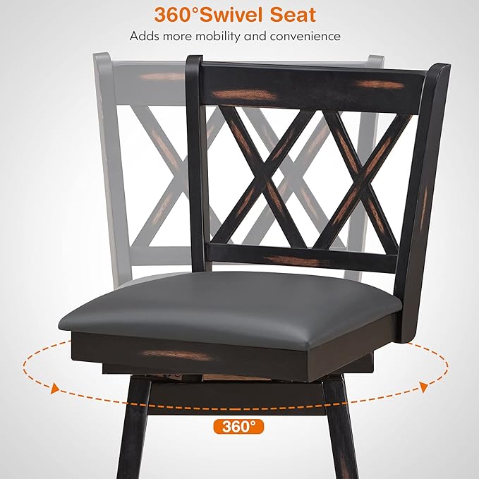 COSTWAY Bar Stool Set of 2, 360 ° Swivel Bar Height 29.5 inch Bar Stool with Foot Rest Upholstered Cushion & Ergonomic Backrest, Sturdy Frame, for Pub, Restaurant, Home (2, Black + Grey)