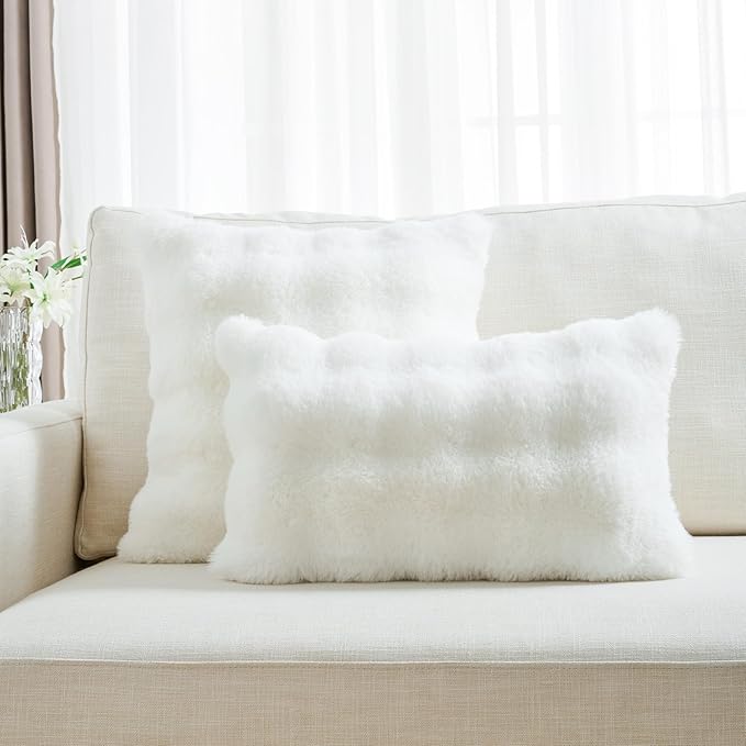 FUTEI Cream White Decorative Throw Pillow Covers 12x20 Inch Set of 2,Soft Fuzzy Faux Rabbit Fur Pillow Case with Raised Texture,Neutral Boho Home Decor for Couch Bed Living Room