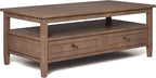 SIMPLIHOME Warm Shaker Coffee Table - 48 inch Wide Solid Wood Cocktail Table in Rustic Natural Aged Brown, Transitional Living Room Table with 2 Storage Drawers and Open Shelf for Sitting Area