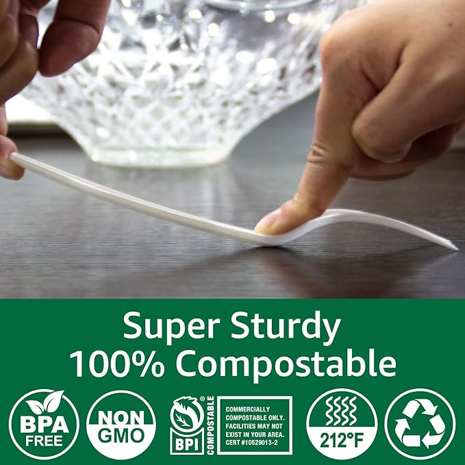 100% Compostable No Plastic Knives Forks Spoons Utensils, The Heavyweight Heavy Duty Flatware is Eco Friendly Products for Lounge Party Wedding BBQ Picnic Camping.