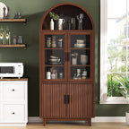 71" Tall Arched Cabinet with Glass Doors, Fluted Pantry Cabinet with Solid Wood Legs, Modern Accent Furniture for Living Room, Kitchen, Dining Room, Entryway, Walnut