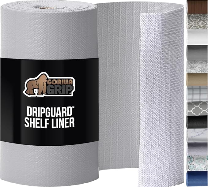 GORILLA GRIP DripGuard Shelf Liner, Non Adhesive Drawer and Kitchen Cabinet Protector, 20x240 Inch, Slip Resistant BPA Free Smooth Surface Plastic Liners for Cabinets, Bathrooms, Closets, Light Gray