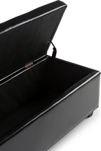 SIMPLIHOME Hamilton 48 inch Wide Transitional Rectangle Storage Ottoman in Midnight Black Vegan Faux Leather, Assembled, For the Living Room, Entryway and Family Room