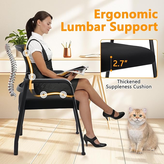 8PK Office Guest Chairs No Wheels | Ergonomic Lumbar Support and Thicked Seats Cushion, Desk Chair with Adjustable Mesh Back for Waiting Room School Church Reception，Black